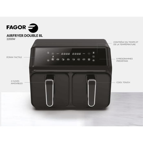 Friteuse sans huile - FAGOR - FG2X4L - 8L - 2200W - Doucle bac 4L - 10 programmes - Airfryer double cuisson