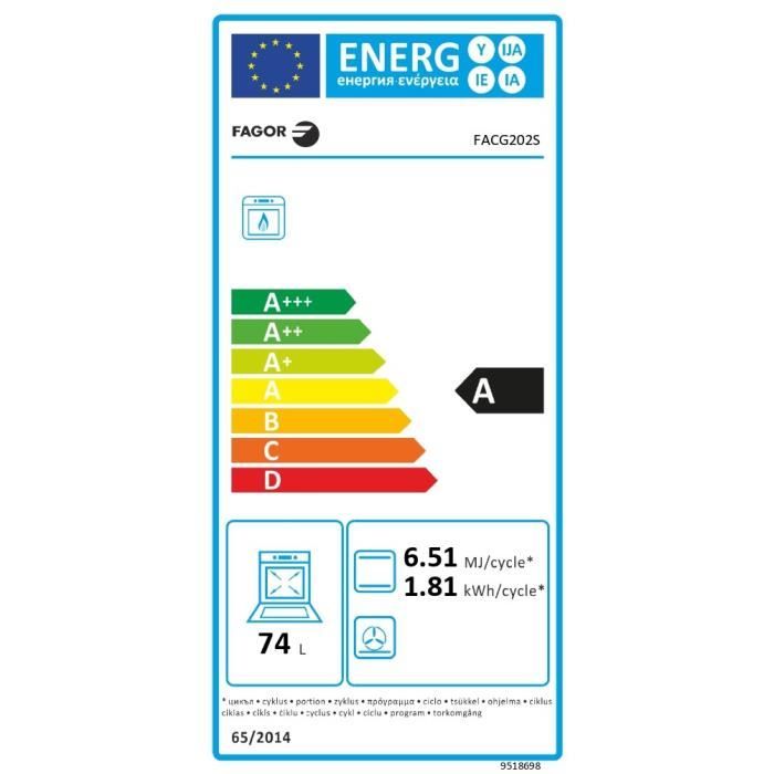 Cuisiniere a gaz - FAGOR-FACG202S - 4 foyers - 74 L - 50 x 60 cm - Silver