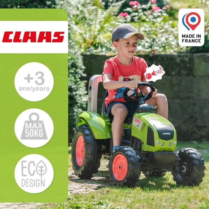 Tracteur a pédales Claas - FALK - Volant directionnel et Remorque - 100% Fabriqué en France - 60% de plastique recyclé - Des 3 ans.