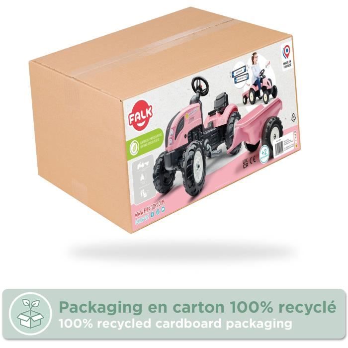 Tracteur a pédales Country Star - FALK - Avec remorque - Rose - 100% Fabriqué en France - 50% de plastique recyclé - Des 2 ans