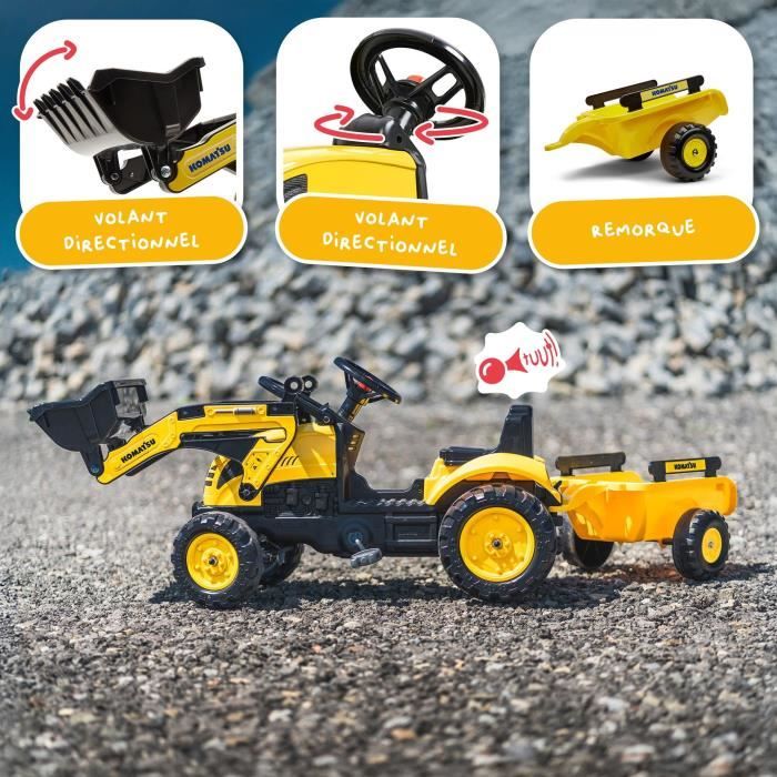 Tractopelle a pédales Komatsu - FALK - Pelle frontale et Remorque - 100% Fabriqué en France - 40% de plastique recyclé - Des 2 ans