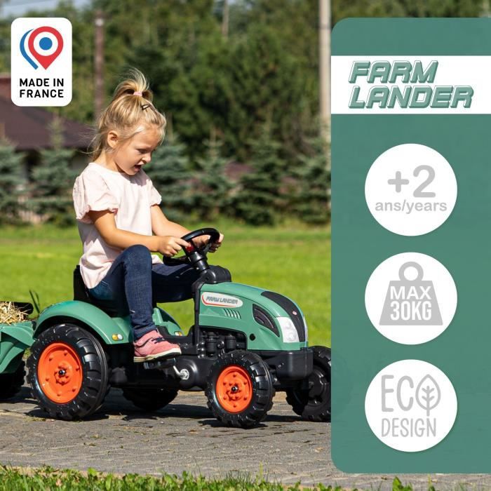 Tracteur a pédales Farm Lander - FALK - Avec remorque - Fabriqué en France - Contient au moins 50% de plastique recyclé - Des 2 ans