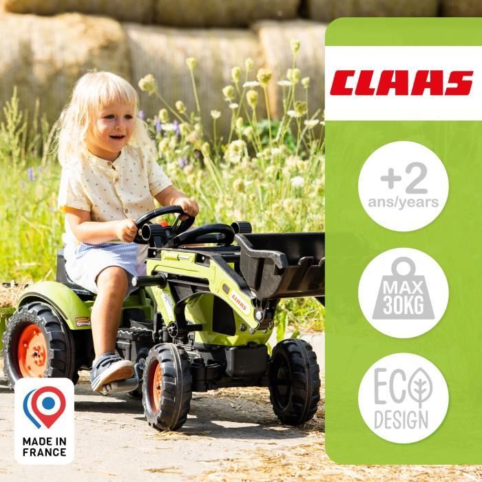 Tractopelle Claas - FALK -Volant directionnel et remorque - Vert - 100% Fabriqué en France - 70% de plastique recyclé - Des 2 ans