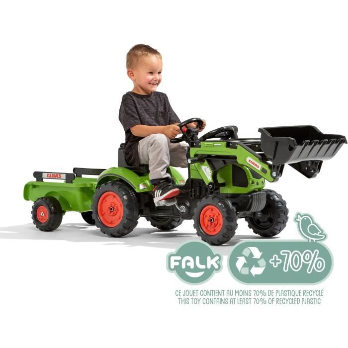 Tractopelle Claas - FALK -Volant directionnel et remorque - Vert - 100% Fabriqué en France - 70% de plastique recyclé - Des 2 ans