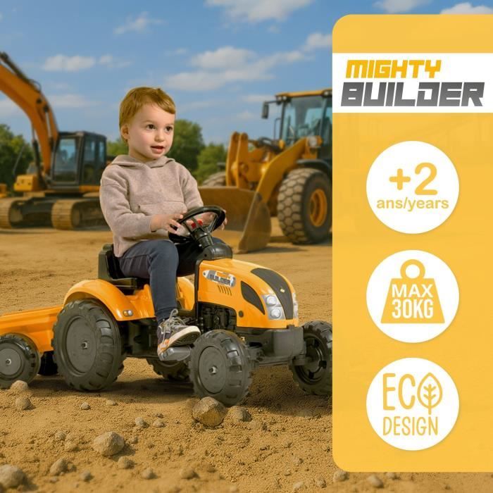 Tracteur a pédales Mighty Builder - FALK - Avec remorque - 100% Fabriqué en France - Au moins 50% de plastique recyclé - Des 2 ans