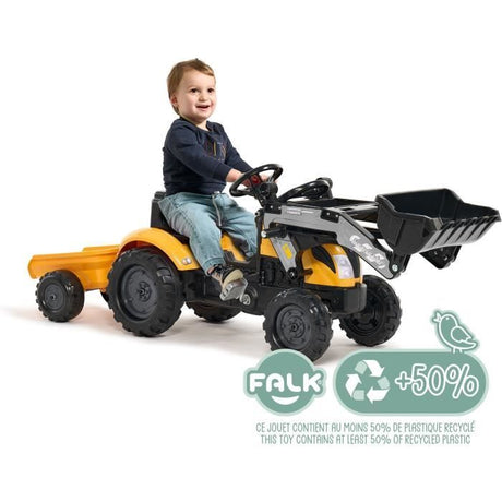 Tracteur a pédales Mighty Builder - FALK - Avec remorque - Jaune - 100% Fabriqué en France - 50% de plastique recyclé - Des 2 ans