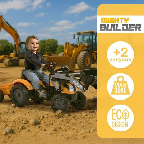 Tracteur a pédales Mighty Builder - FALK - Avec remorque - Jaune - 100% Fabriqué en France - 50% de plastique recyclé - Des 2 ans