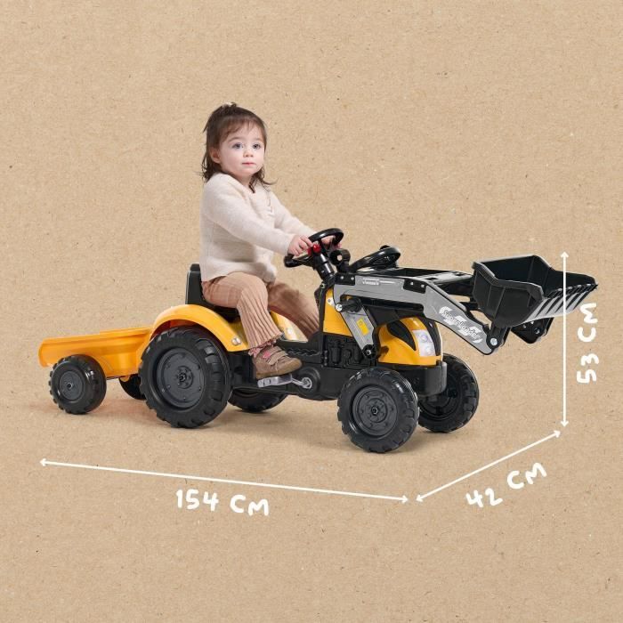 Tracteur a pédales Mighty Builder - FALK - Avec remorque - Jaune - 100% Fabriqué en France - 50% de plastique recyclé - Des 2 ans