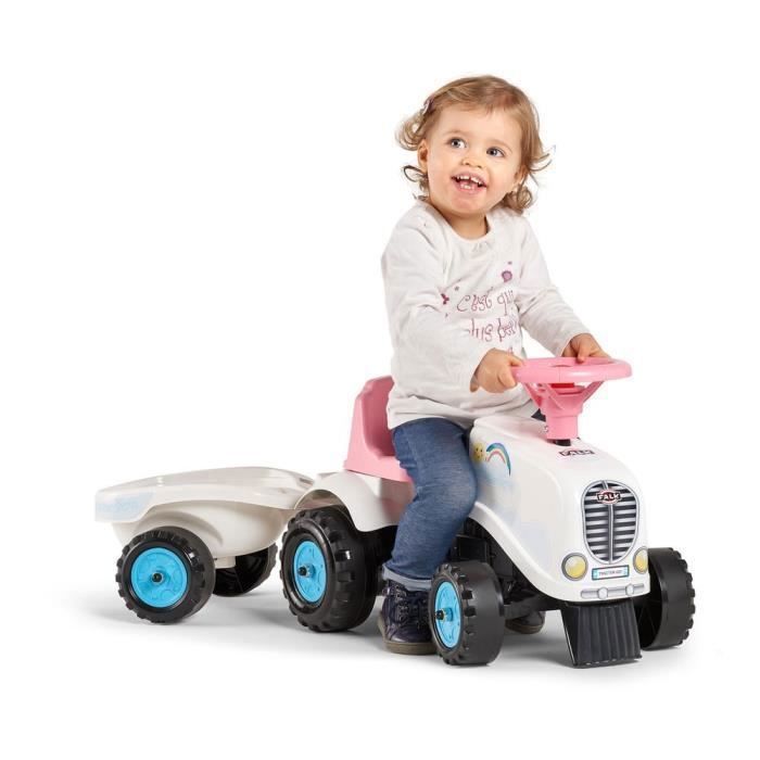 Porteur Tracteur Rainbow Farm avec remorque - FALK - Pour filles des 1 an - Formes rondes et couleurs pastels