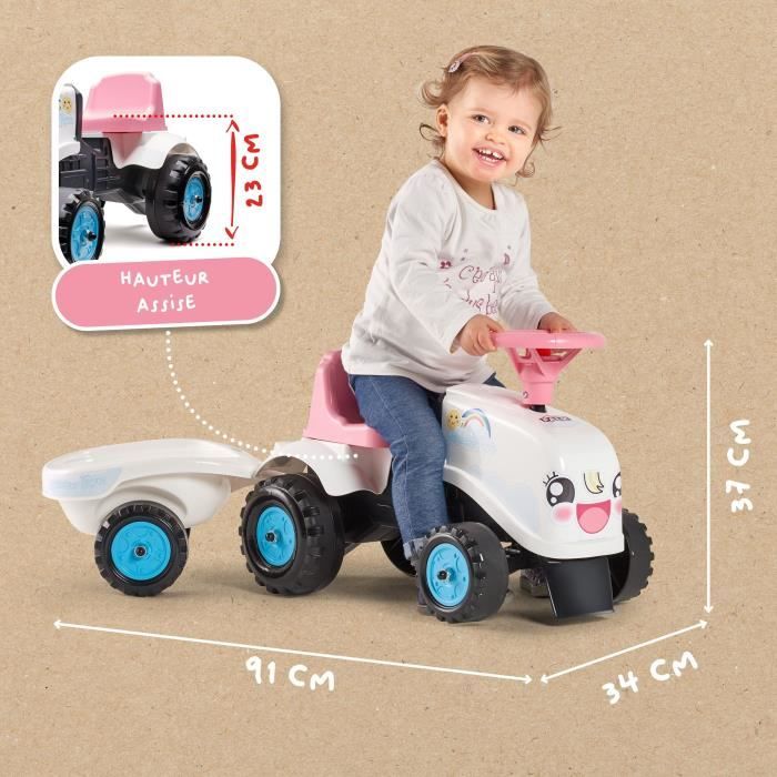 Porteur Tracteur Rainbow Farm - FALK - Volant directionnel avec klaxon - Blanc et Rose - 100% Fabriqué en France - Des 12 mois