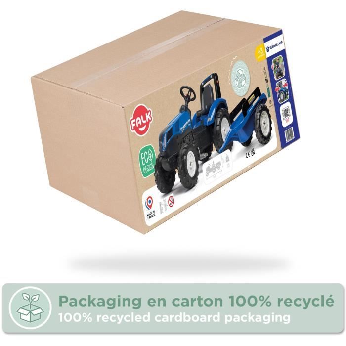 Tracteur a pédales New Holland - FALK - Volant directionnel et Remorque - Fabriqué en France - 60% de plastique recyclé - Des 3 ans