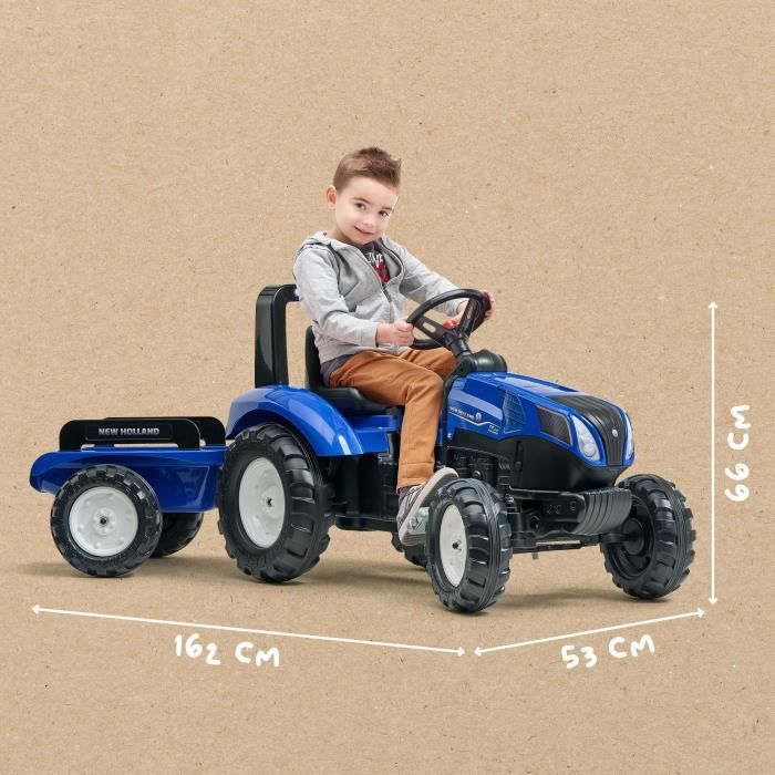 Tracteur a pédales New Holland - FALK - Volant directionnel et Remorque - Fabriqué en France - 60% de plastique recyclé - Des 3 ans