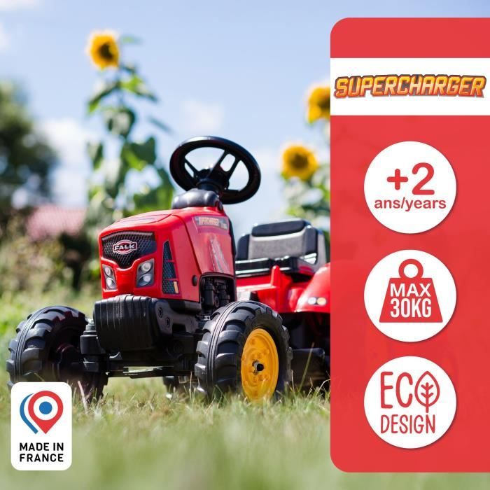 Tracteur a pédales SuperCharger - FALK - Volant directionnel et remorque - Fabriqué en France - 50% de plastique recyclé - Des 2 ans