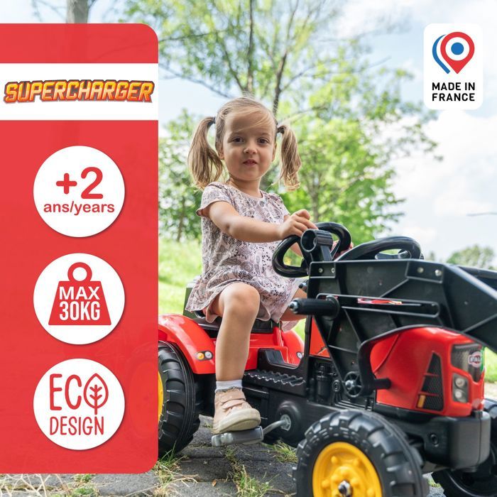 Tracteur a pédales Supercharger rouge avec pelle frontale articulée et remorque - FALK