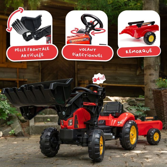 Tracteur a pédales Supercharger rouge avec pelle frontale articulée et remorque - FALK