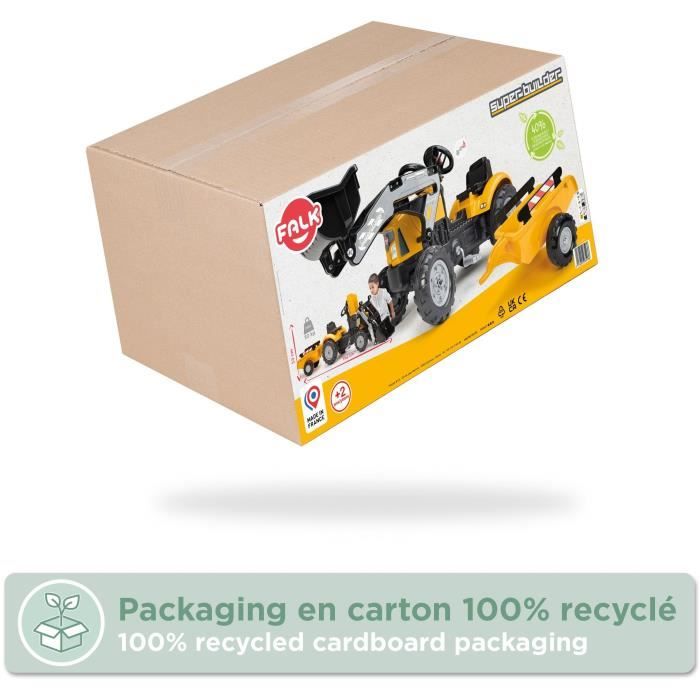 Tractopelle a pédales SuperBuilder - FALK - Volant directionnel, Remorque - Fabriqué en France, 40% de plastique recyclé - Des 2 ans