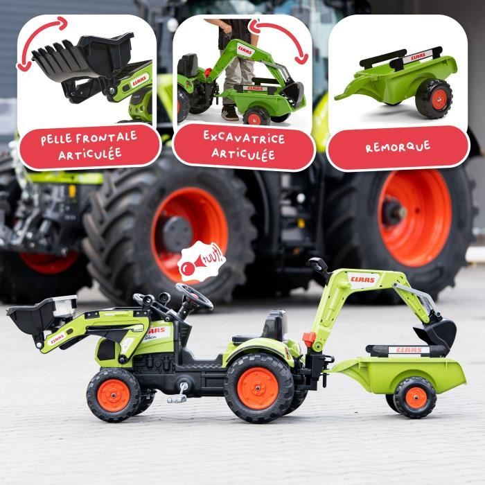 Tractopelle Claas - FALK - Volant directionnel, Excavatrice et Remorque - Fabriqué en France - 60% de plastique recyclé - Des 2 ans