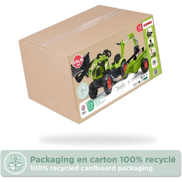 Tractopelle Claas - FALK - Volant directionnel, Excavatrice et Remorque - Fabriqué en France - 60% de plastique recyclé - Des 2 ans