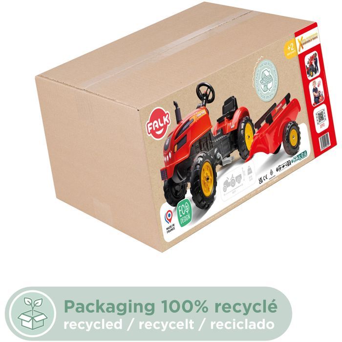 Tracteur - FALK - X-Tractor - Des 2 ans - 100% Fabriqué en France - 50% de plastique recyclé - Capot ouvrant, cheminée et remorque