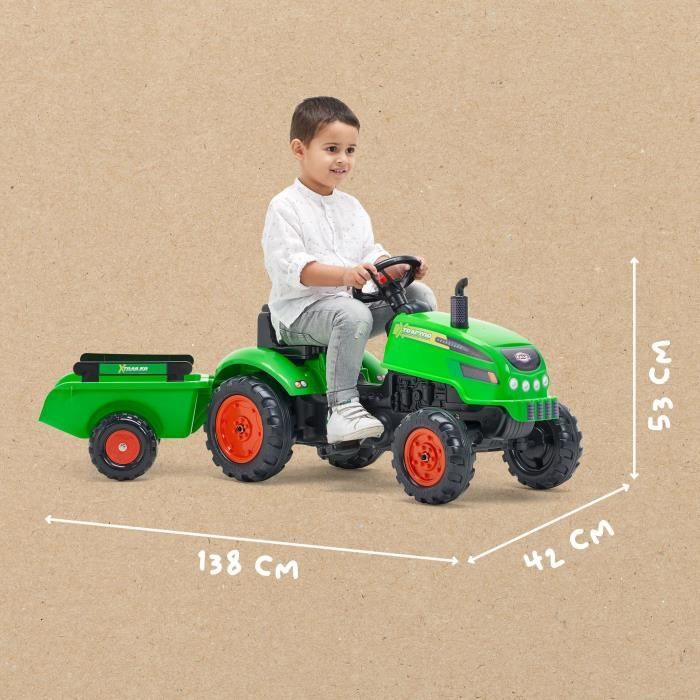 Tracteur a pédales X-Tractor - FALK - Capot ouvrant et Remorque - 100% Fabriqué en France - 50% de plastique recyclé - Des 2 ans