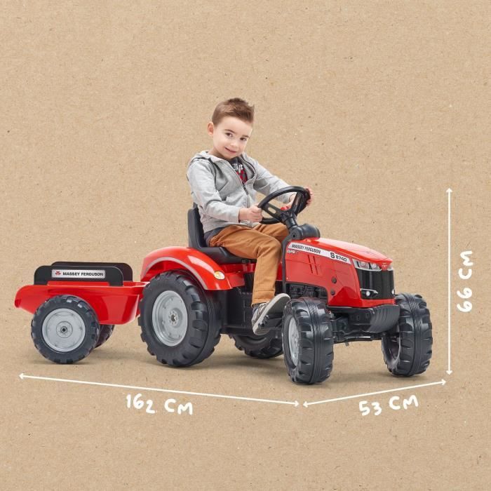 Tracteur a pédales Massey Ferguson - FALK - Volant directionnel, Remorque - Fabriqué en France - 60% de plastique recyclé, Des 3 ans