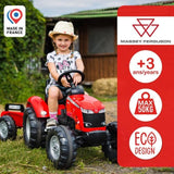 Tracteur a pédales Massey Ferguson - FALK - Volant directionnel, Remorque - Fabriqué en France - 60% de plastique recyclé, Des 3 ans