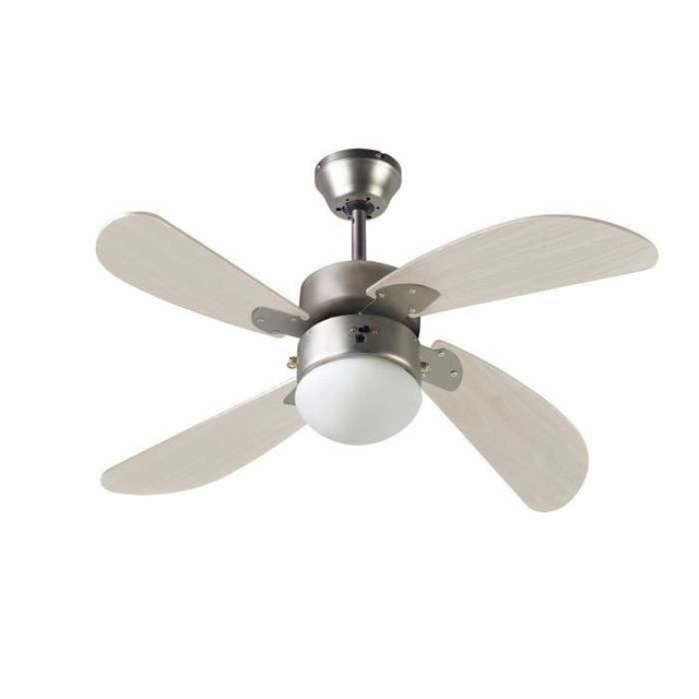 FARELEK - BERMUDES Ř 107 cm - Ventilateur de plafond réversible, 4 pales chene clair + éclairage 1 globe 60W E27 - 112423