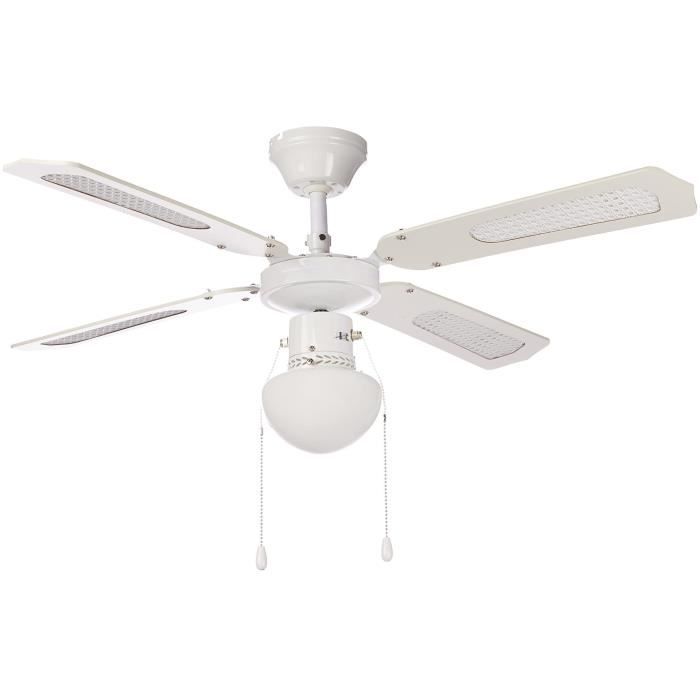 Ventilateur de plafond rÈversible FARELEK BALI - ÿ 107 cm, 4 pales blanches / cannÈes blanches + Èclairage - 112420