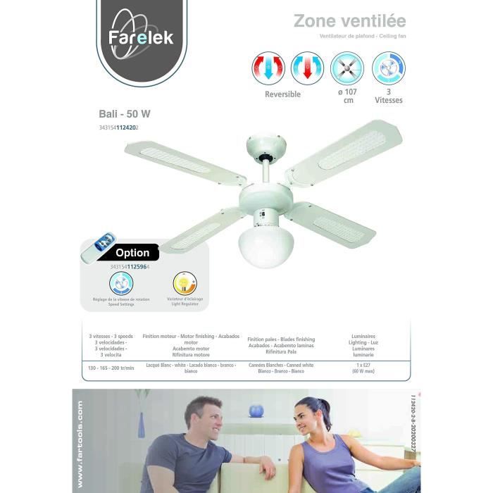 Ventilateur de plafond rÈversible FARELEK BALI - ÿ 107 cm, 4 pales blanches / cannÈes blanches + Èclairage - 112420