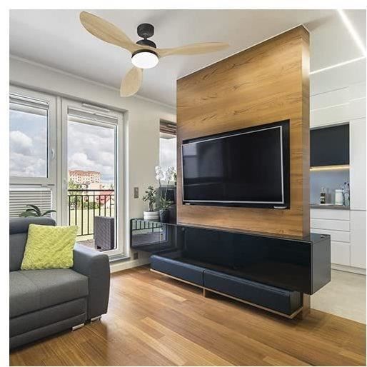 OKLAHOMA Noir & Bois - Ventilateur de plafond Ø137cm 100W + éclairage LED