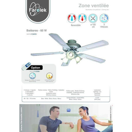 Ventilateur de plafond réversible FARELEK BALEARES - Ř 132 cm, 5 pales blanches / cannées blanches + éclairage