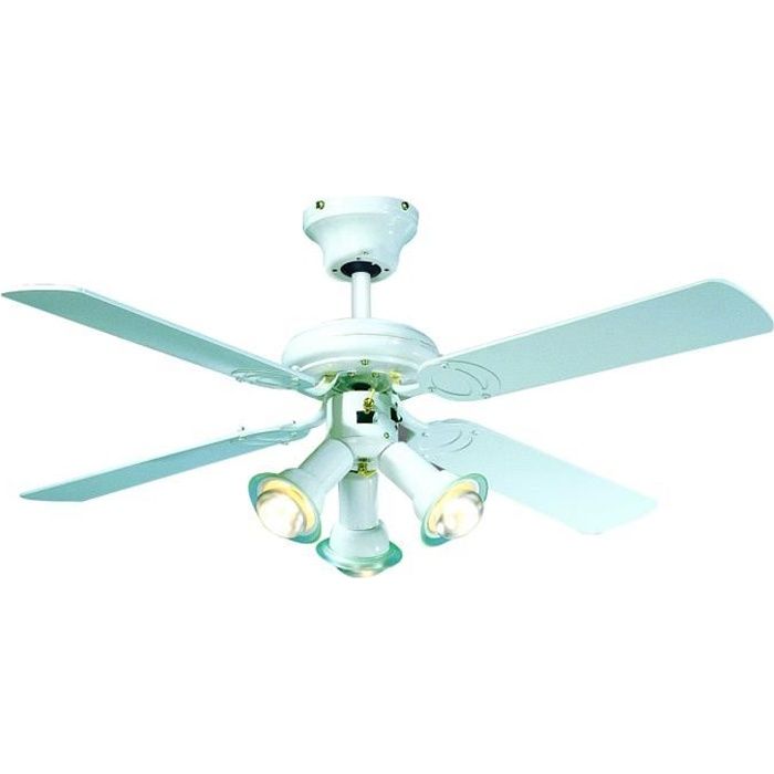 Ventilateur de plafond rÈversible FARELEK MALDIVES - ÿ 107 cm, 4 pales laquÈes blanc + Èclairage 3 spots 60 W E14