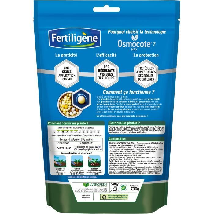 FERTILIGeNE - Engrais Longue durÈe Osmocote max Arbustes, Buis, Coniferes, Haies 700g