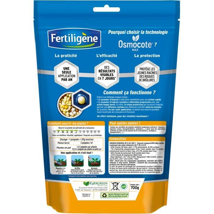 FERTILIGeNE - Engrais Longue durÈe Osmocote max Agrumes et Plantes mÈditerranÈennes 700g