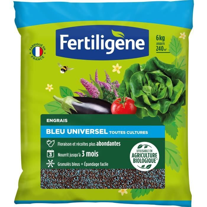 FERTILIGENE FBLEUBIO6 - Engrais Bleu Universel 6 kg - Floraison et récoltes abondantes - Nourrit jusqu'a 3 mois - Pour 240m˛