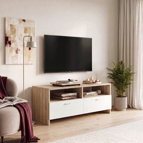 Meuble TV PILVI - Blanc mat et chene - Contemporain - L 95 x P 36 x H 34,5 cm