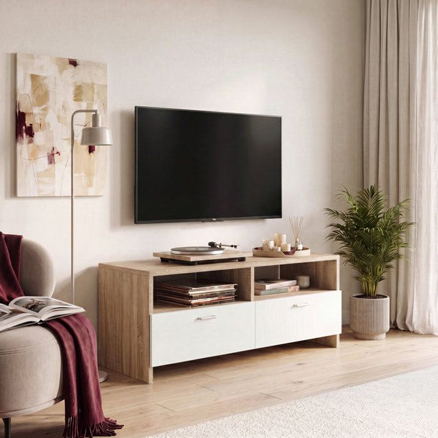 Meuble TV PILVI - Blanc mat et chene - Contemporain - L 95 x P 36 x H 34,5 cm