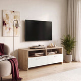 Meuble TV PILVI - Blanc mat et chene - Contemporain - L 95 x P 36 x H 34,5 cm