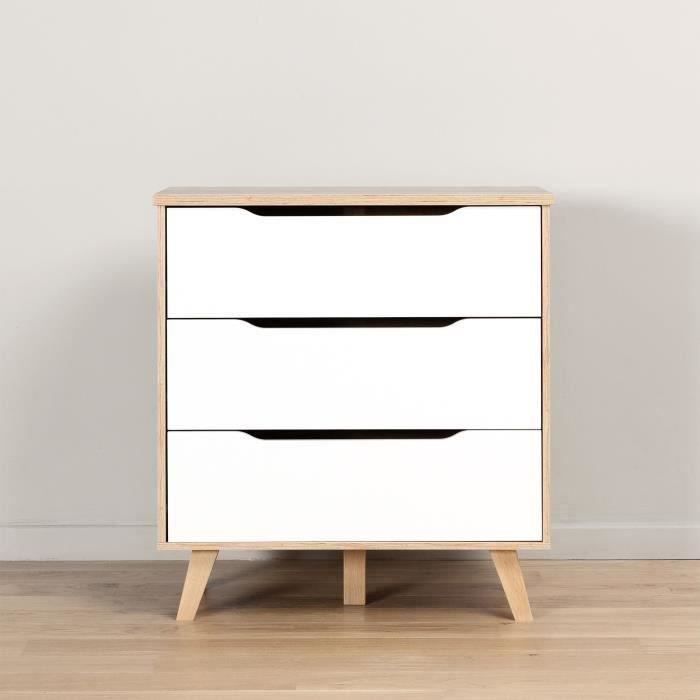 Commode VANKKA 3 Tiroirs - Décor chene et blanc - Scandinave - L 80 x P42 x H86,3cm