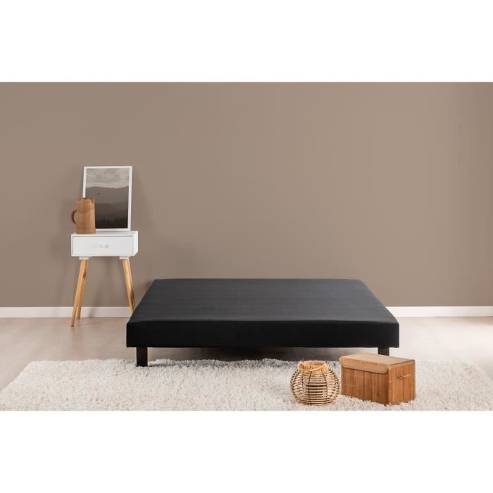 Sommier tapissier a lattes 140 x 190 cm - Bois massif noir + Pieds - DEKO DREAM Rakenne