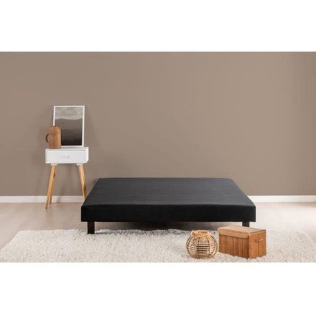 Sommier tapissier a lattes 140 x 190 cm - Bois massif noir + Pieds - DEKO DREAM Rakenne