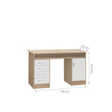 Bureau droit a clÈs avec 1 porte et 4 tiroirs - DÈcor chene et blanc - 126 x P 55 x H 76 cm - ALICANTE