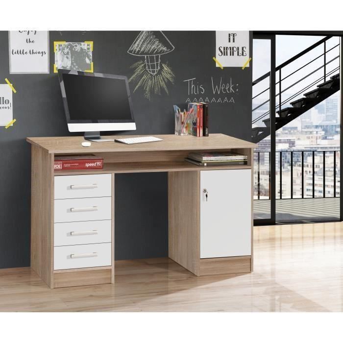 Bureau droit a clÈs avec 1 porte et 4 tiroirs - DÈcor chene et blanc - 126 x P 55 x H 76 cm - ALICANTE