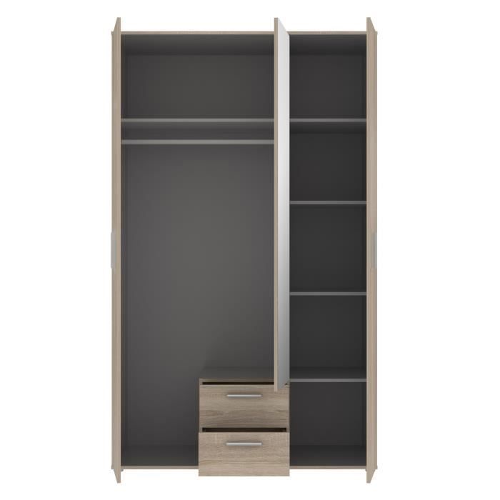 Armoire 3 portes battantes avec 1 miroir + 2 tiroirs - DÈcor chene Sonoma - L 121 x P 54 x H 200,1 cm - SELKEƒ