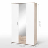 Armoire battante - Panneaux de particules - Blanc et chene - 3 portes et 2 tiroirs + miroir - L 121 x P 54 x H 200,1 cm - SELKEA