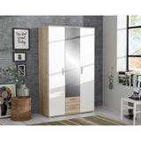 Armoire battante - Panneaux de particules - Blanc et chene - 3 portes et 2 tiroirs + miroir - L 121 x P 54 x H 200,1 cm - SELKEA