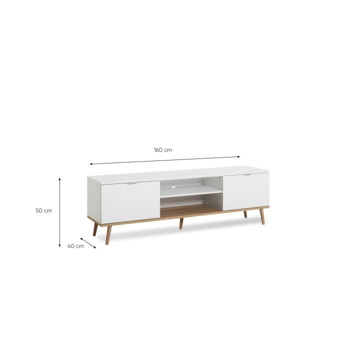 Meuble TV scandinave G÷TEBORG - Blanc - 2 Portes - L 160 x P 40 x H 50 cm