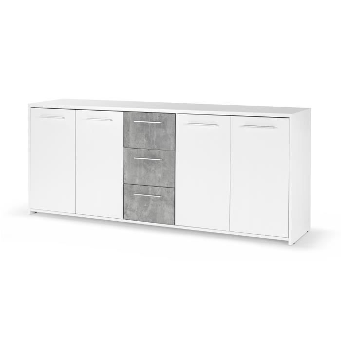 Buffet bas - Panneaux de particules - Blanc et décor gris béton - 4 portes + 3 tiroirs - L 179 x P 42 x H 74,5 cm