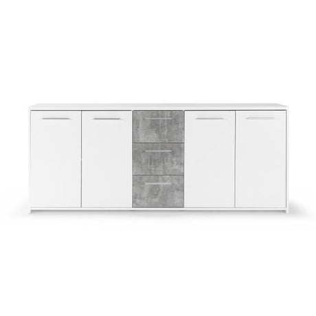 Buffet bas - Panneaux de particules - Blanc et décor gris béton - 4 portes + 3 tiroirs - L 179 x P 42 x H 74,5 cm