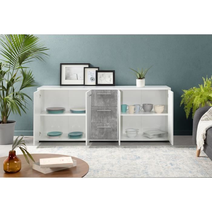 Buffet bas - Panneaux de particules - Blanc et dÈcor gris bÈton - 4 portes + 3 tiroirs - L 179 x P 42 x H 74,5 cm